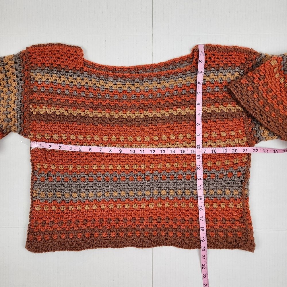 New Handmade Crochet Crop Sweater Boho Multicolor Striped Boat Neck Pullover OS - Picture 7 of 15